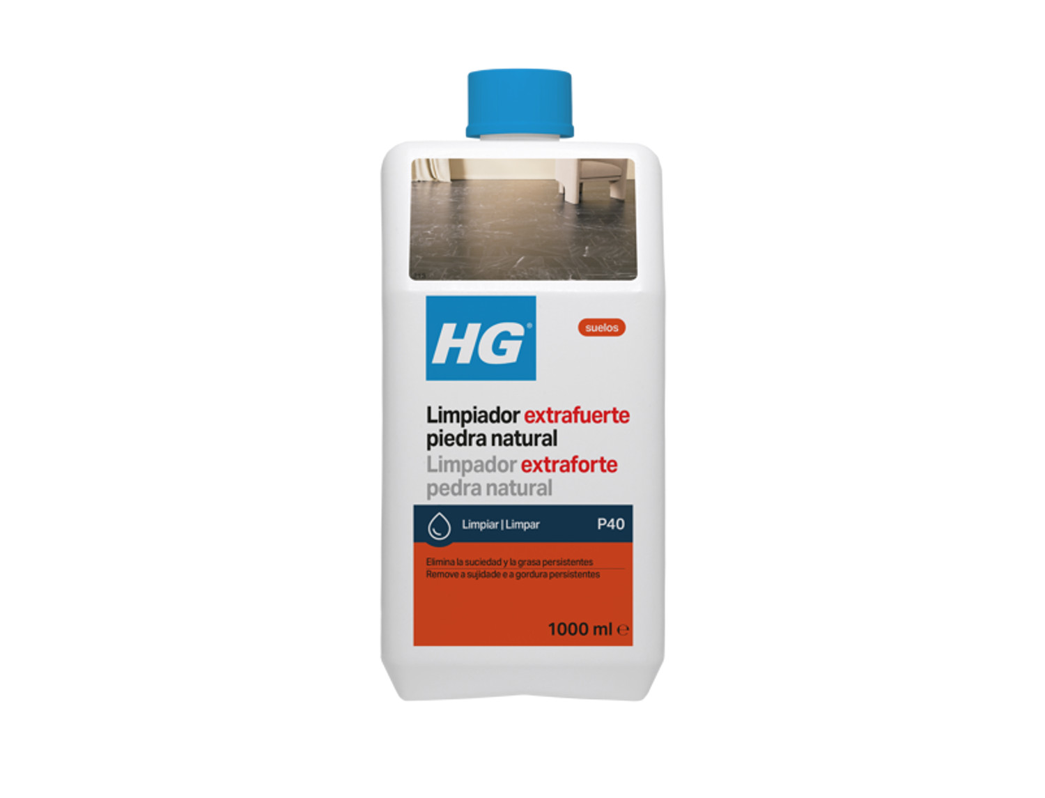 HG Limpiador extrafuerte piedra natural (producto 40). Elimina la suciedad y la grasa más persistente en granito, terrazo, travertino
