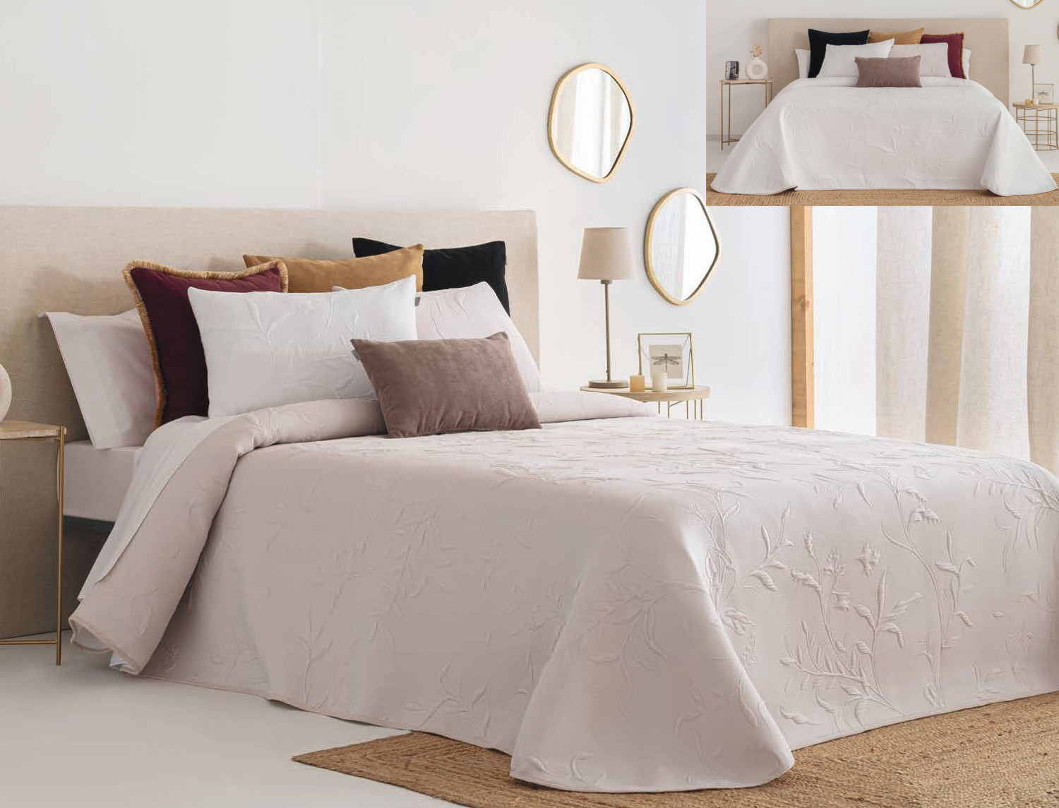 Sandeco Colcha Jacquard Reversible con fundas de cojín Ariza color Beige/Blanco