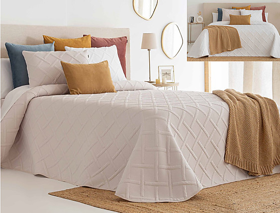 Sandeco - Colcha Jacquard Reversible con fundas de cojín Zuera 02 Beige/Blanco