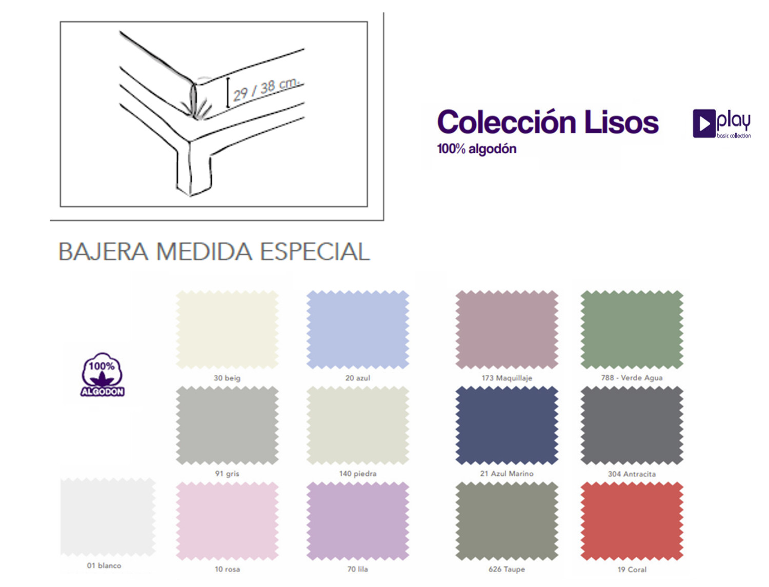 Cañete Bajera ajustable Lisos Play Basic 100% Algodón especial alto personalizado