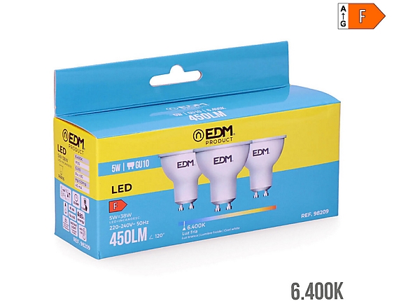 EDM - Bombilla dicroica led gu10 5w 450lm 6400k luz fría   5x5,5cm Pack de tres unidades