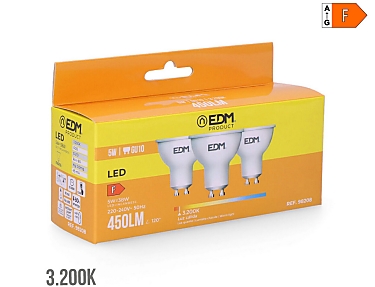 EDM - Bombilla dicroica led gu10 5w 450lm3200k luz cálida  5x5,5cm Pack de tres unidades