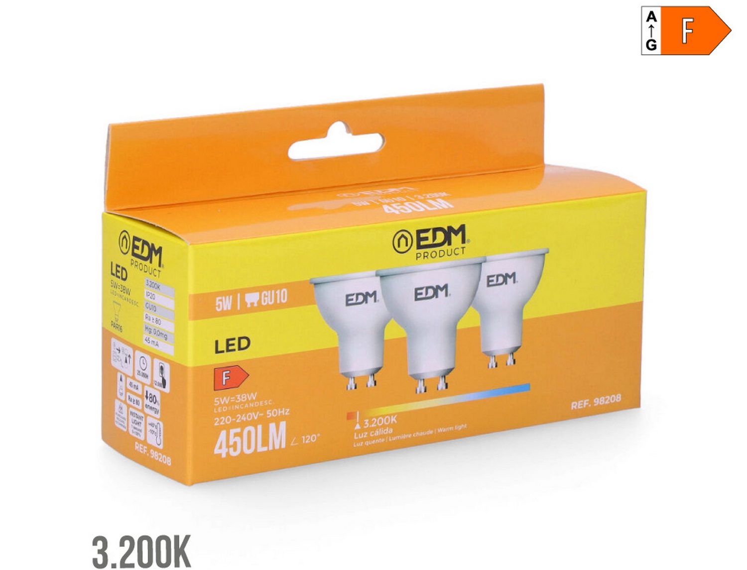 EDM Bombilla dicroica led gu10 5w 450lm3200k luz cálida  5x5,5cm Pack de tres unidades