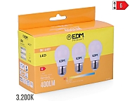 Bombilla esferica led e27 5w 400lm 3200k luz cálida  4,5x8cm kit tres unidades