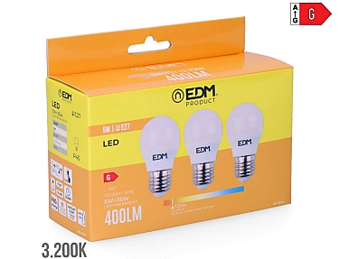 EDM - Bombilla esferica led e27 5w 400lm 3200k luz cálida  4,5x8cm kit tres unidades