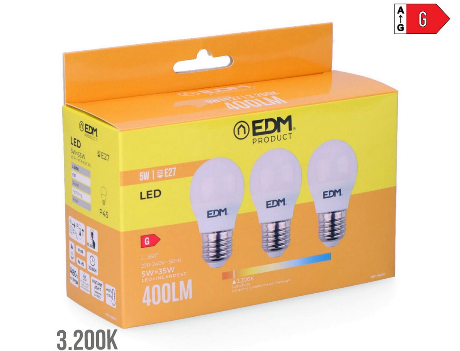 EDM Bombilla esferica led e27 5w 400lm 3200k luz cálida  4,5x8cm kit tres unidades