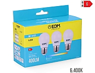 Bombilla esferica led e27 5w 400lm 6400k luz fria  4,5x8cm kit 3 unidades
