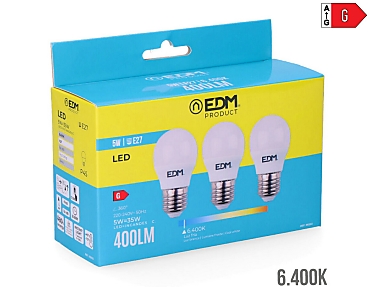 EDM - Bombilla esferica led e27 5w 400lm 6400k luz fria  4,5x8cm kit 3 unidades