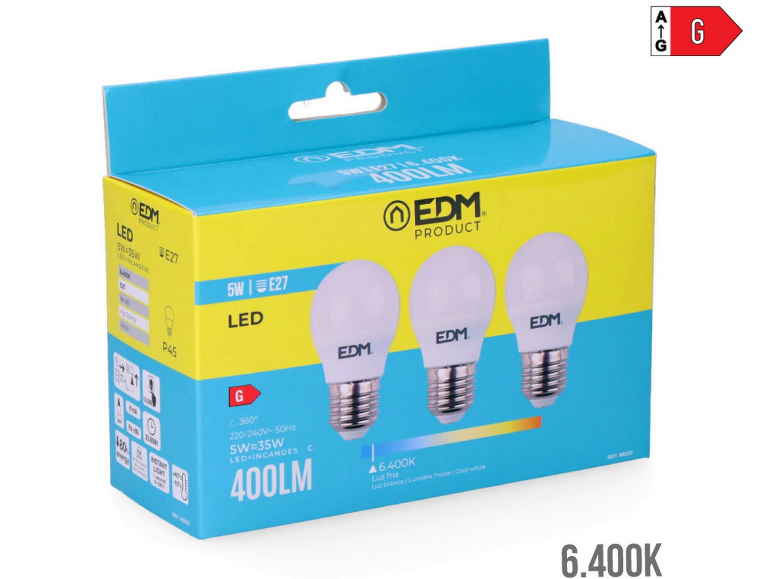EDM Bombilla esferica led e27 5w 400lm 6400k luz fria  4,5x8cm kit 3 unidades