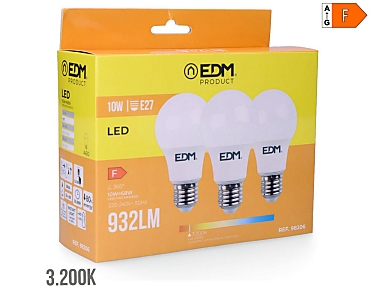 EDM - Bombilla standard led e27 10w 932lm 3200k luz cálida  6x10,8cm kit 3 bombillas