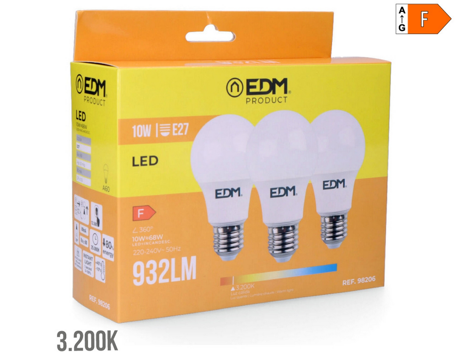 EDM Bombilla standard led e27 10w 932lm 3200k luz cálida  6x10,8cm kit 3 bombillas