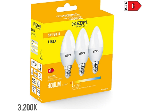 EDM - Bombilla vela led e14 5w 400lm 3200k luz cálida  3,5x10cm kit 3 bombillas
