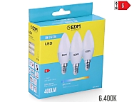 Bombilla vela led e14 5w 400lm 6400k luz fría  3,5x10cm kit 3 bombillas