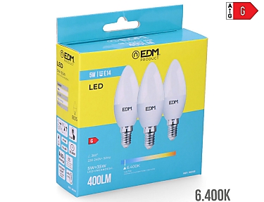 EDM - Bombilla vela led e14 5w 400lm 6400k luz fría  3,5x10cm kit 3 bombillas