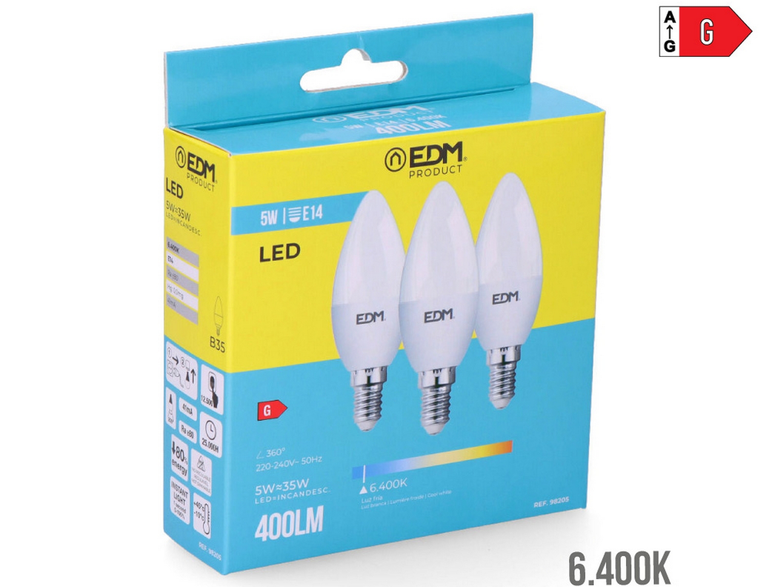 EDM Bombilla vela led e14 5w 400lm 6400k luz fría  3,5x10cm kit 3 bombillas