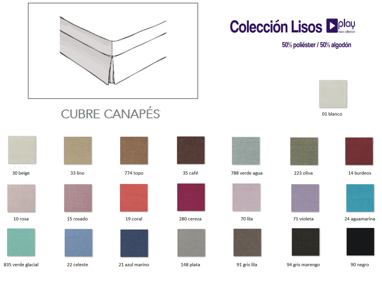 Cañete Cubrecanapé lisos Play Basic 50/50 colchón 190cm de largo y 3 volantes