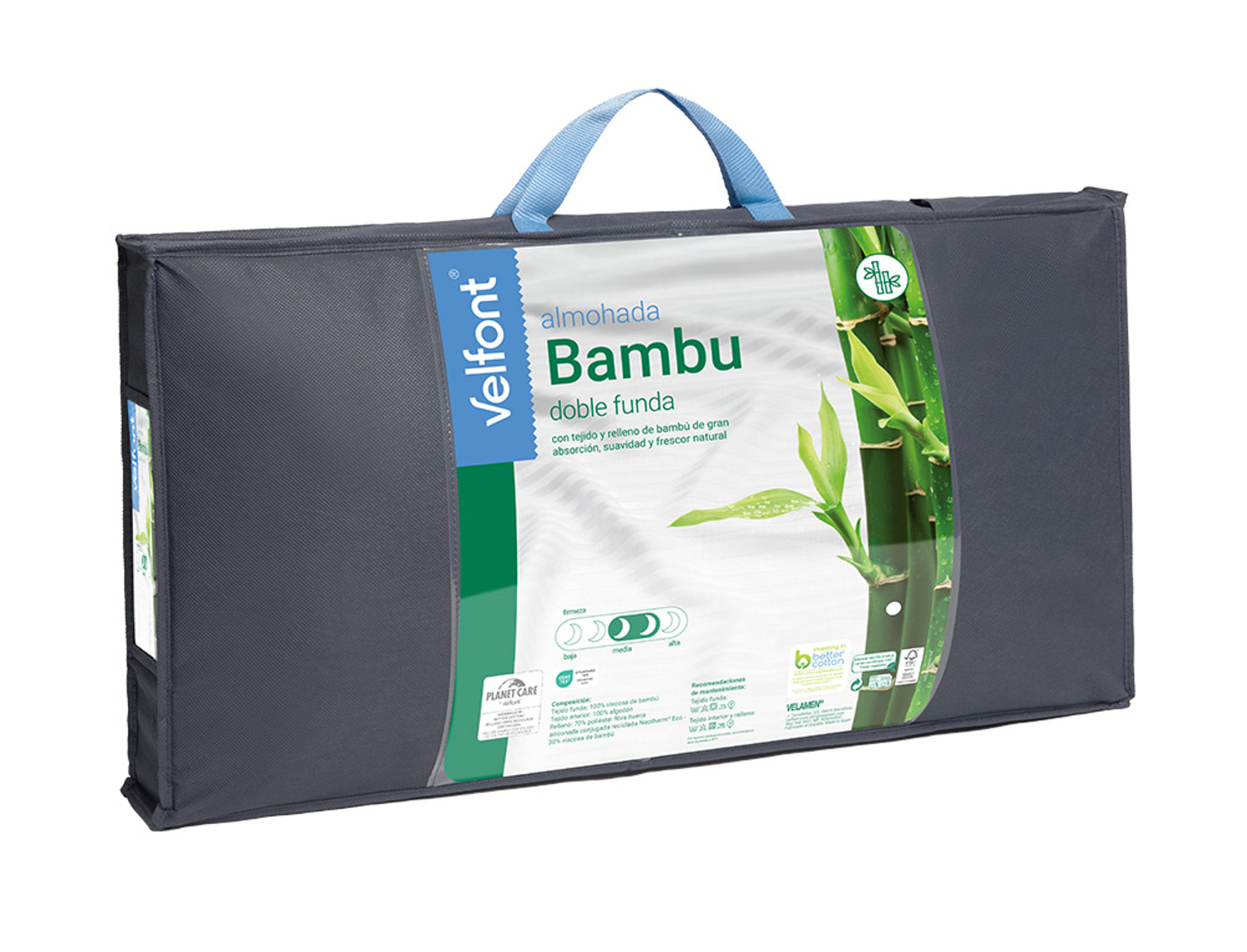 Velfont Almohada Bambú Ribete doble funda. Firmeza Media-Alta.
