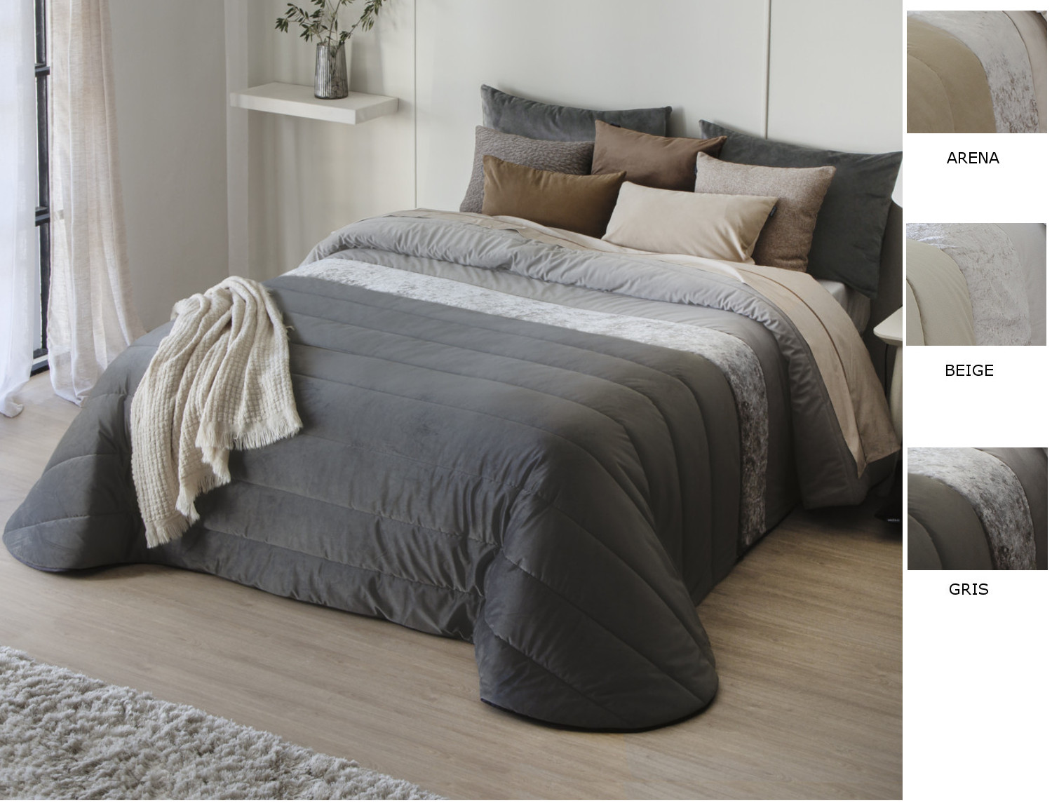 Antilo Textil Edredón bouti de terciopelo Arlet con funda/s de cojín color Beige, Gris o Arena