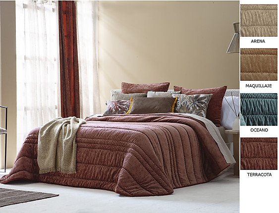 Antilo Textil - Edredón bouti de terciopelo Nui con funda/s de cojín color Arena, Maquillaje, Ocean o Terracota