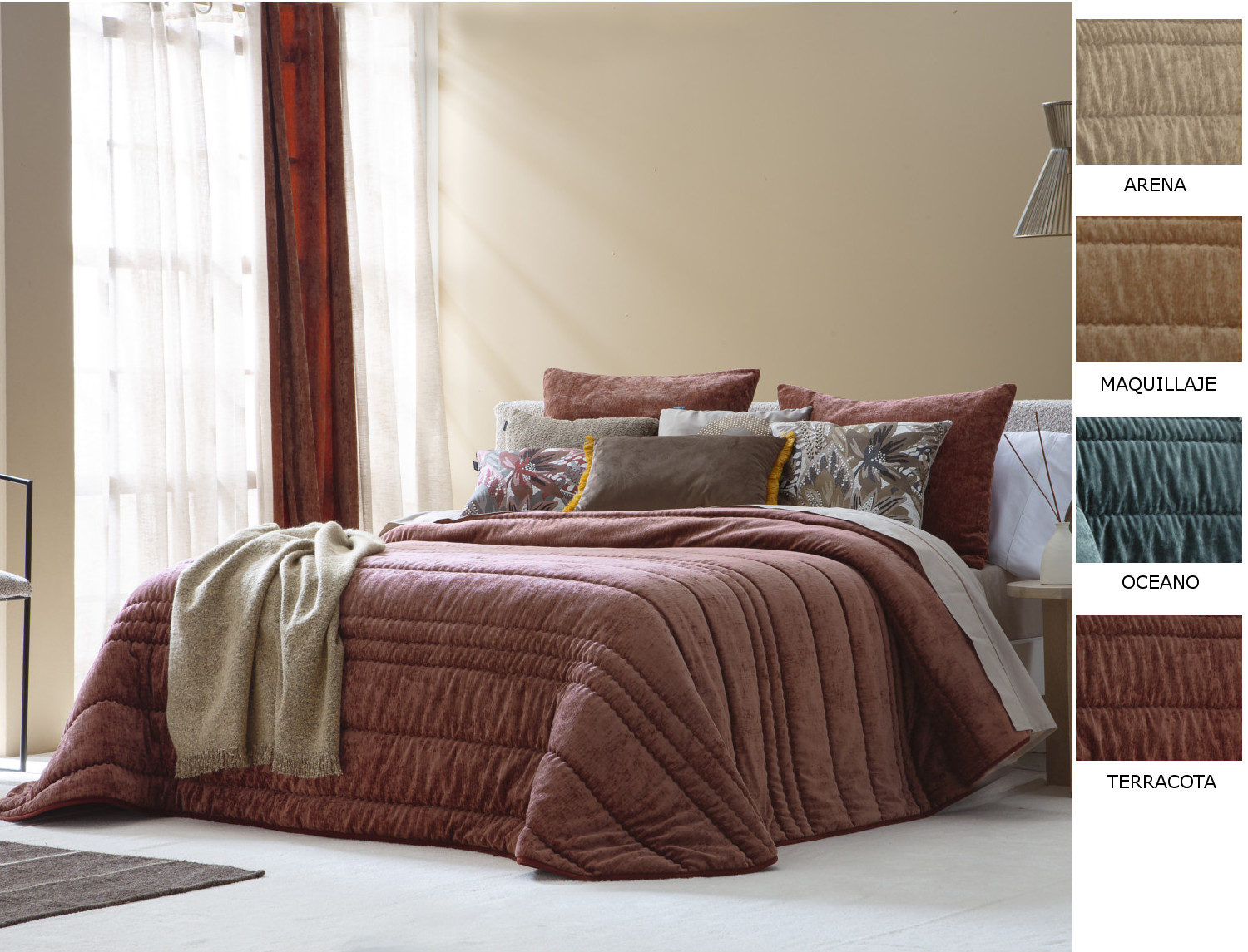 Antilo Textil Edredón bouti de terciopelo Nui con funda/s de cojín color Arena, Maquillaje, Ocean o Terracota