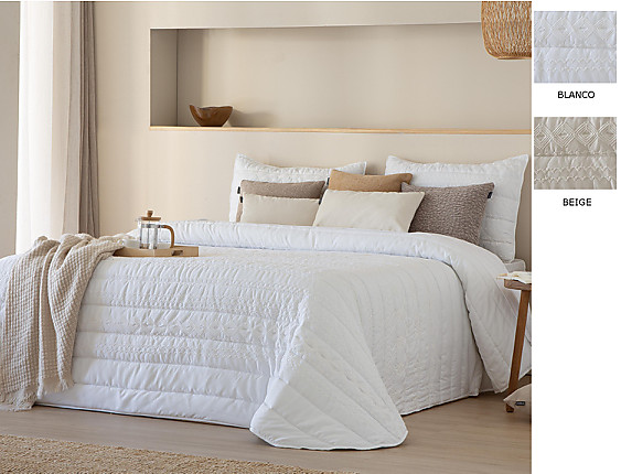 FunDeco - Edredón bouti Sophie con bordado y fundas de cojín color Blanco o Beige