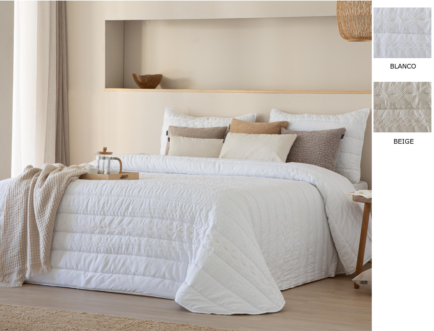FunDeco Edredón bouti Sophie con bordado y fundas de cojín color Blanco o Beige