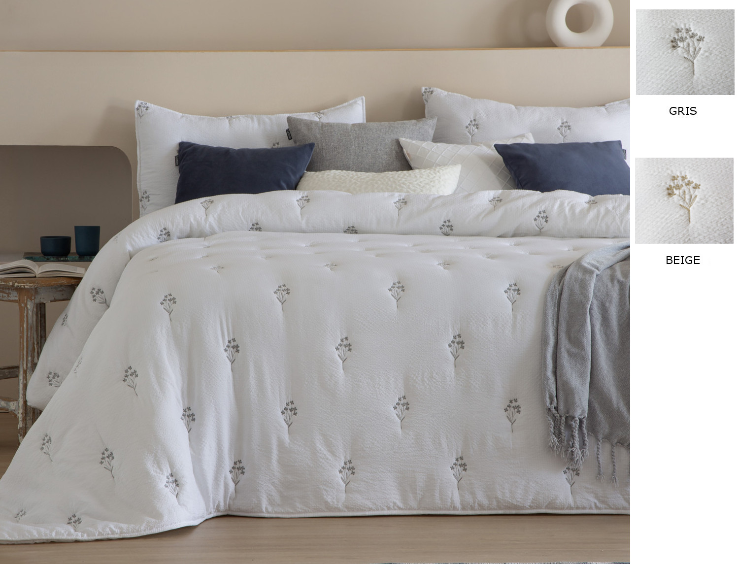 FunDeco Edredón bouti Nadine con bordado y funda/s de cojín color Beige o Gris