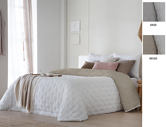 FunDeco - Edredón bouti reversible Royal y funda/s de cojín color Beige o Gris