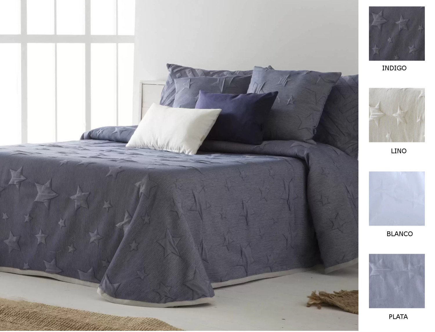 Cañete Colcha capa Chela color Blanco, Indigo, Lino o Plata