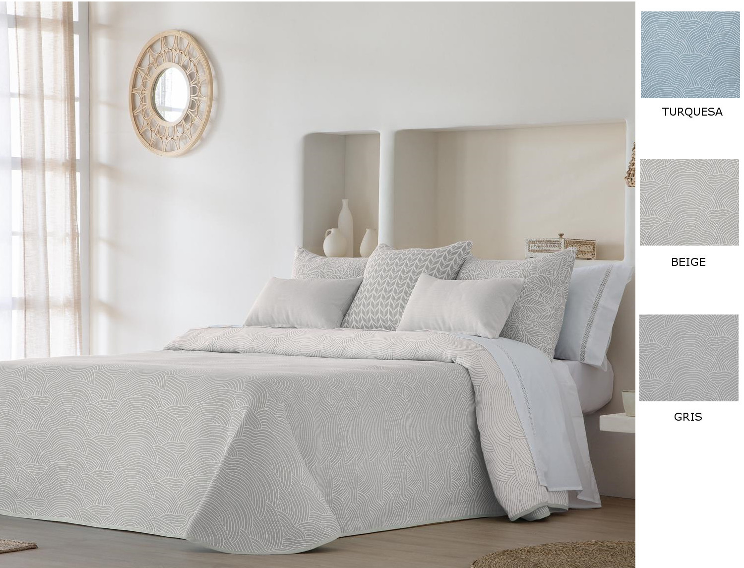 JVR Colcha Reversible Rodas color Beige, Gris o Turquesa