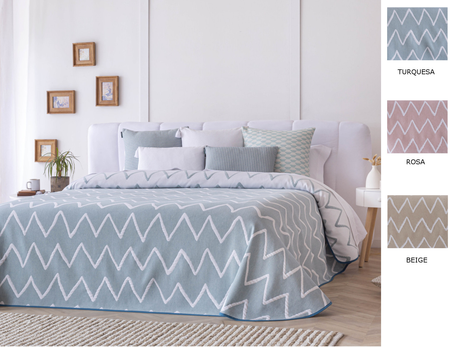 Confecciones Paula Colcha Jacquard reversible Palos color Beige, Rosa o Turquesa