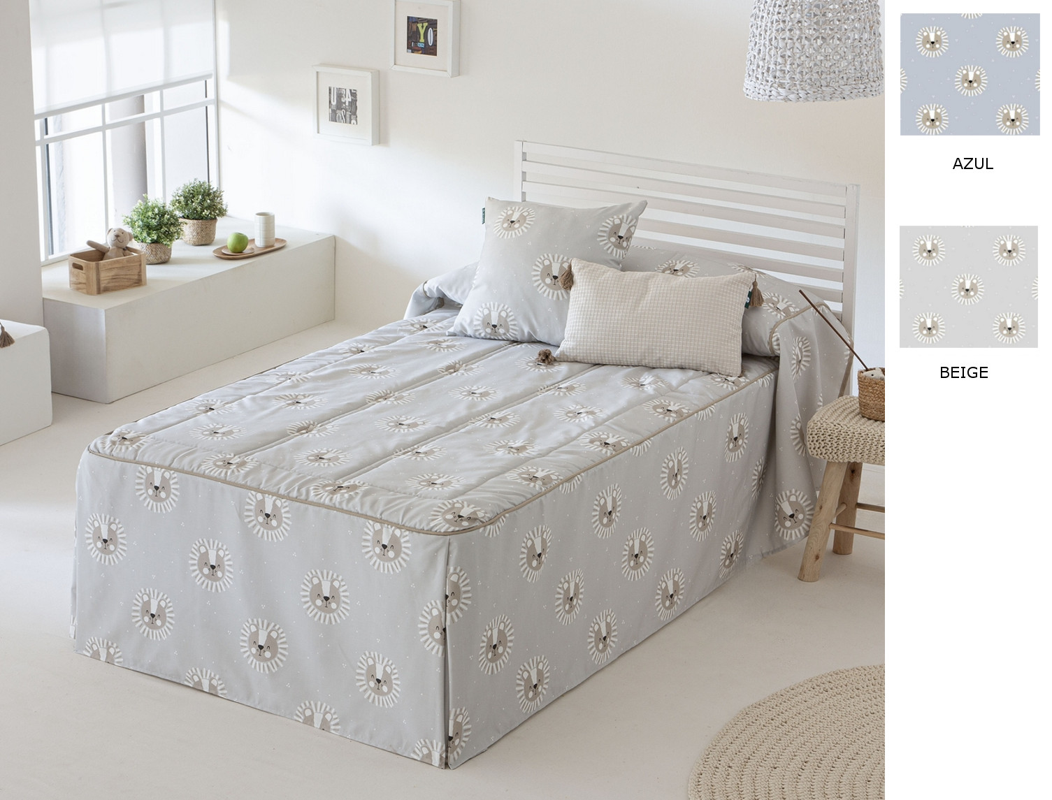 Confecciones Paula Colcha edredón Leo con cojín incluido color Azul o Beige