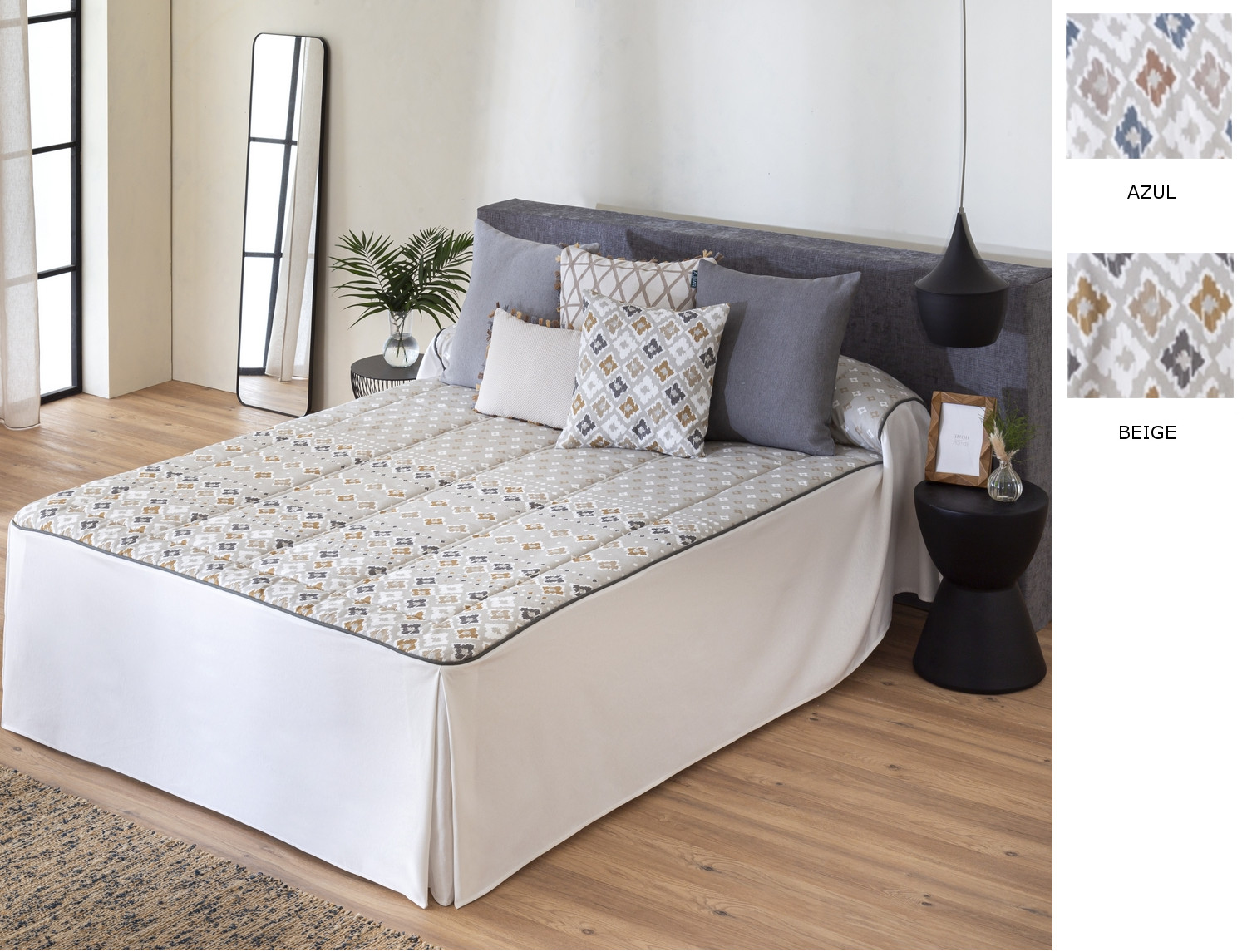 Confecciones Paula Colcha edredón Toledo con cojín incluído color Azul o Beige