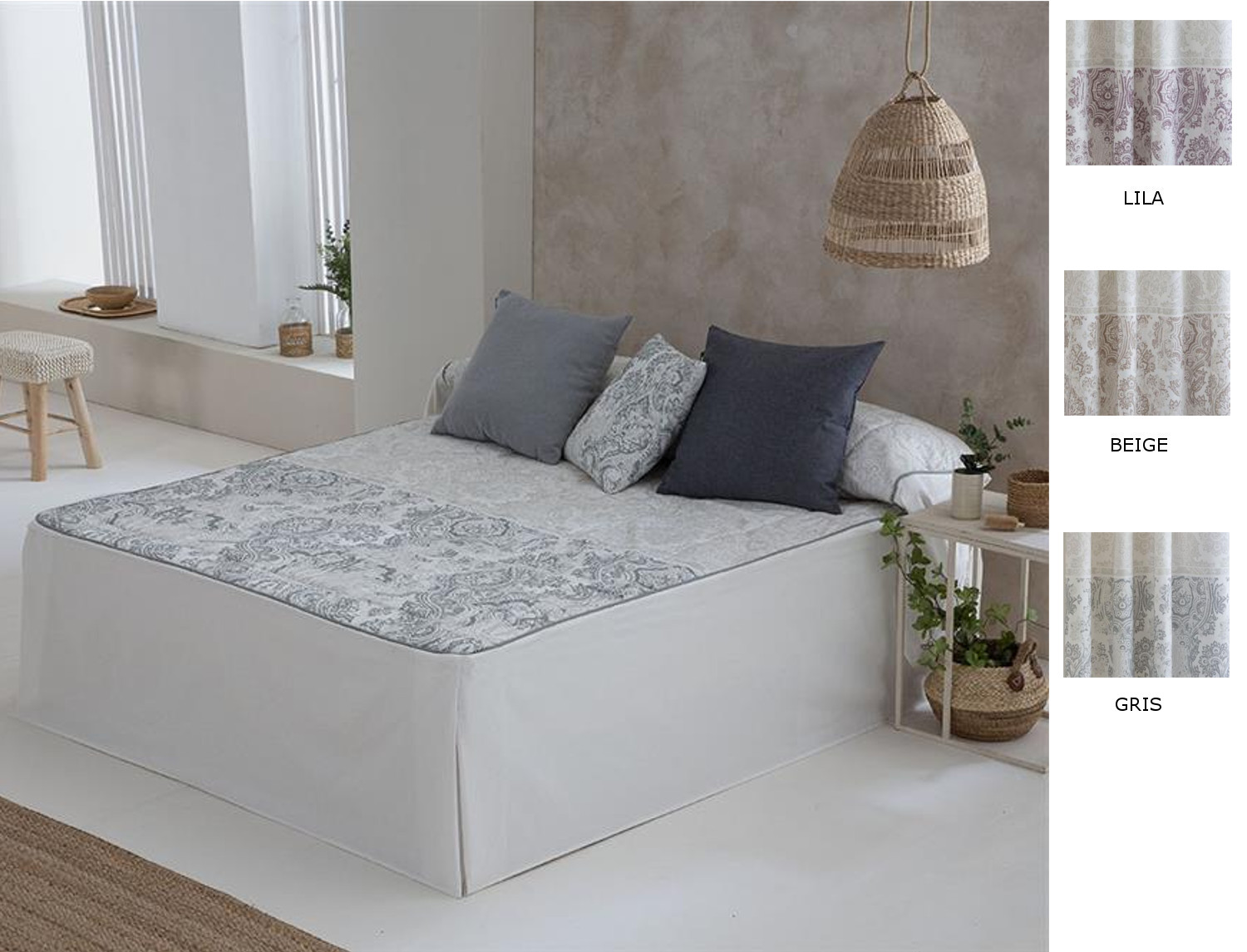 Confecciones Paula Colcha edredón Isaba con cojín incluído color Beige, Gris o Lila