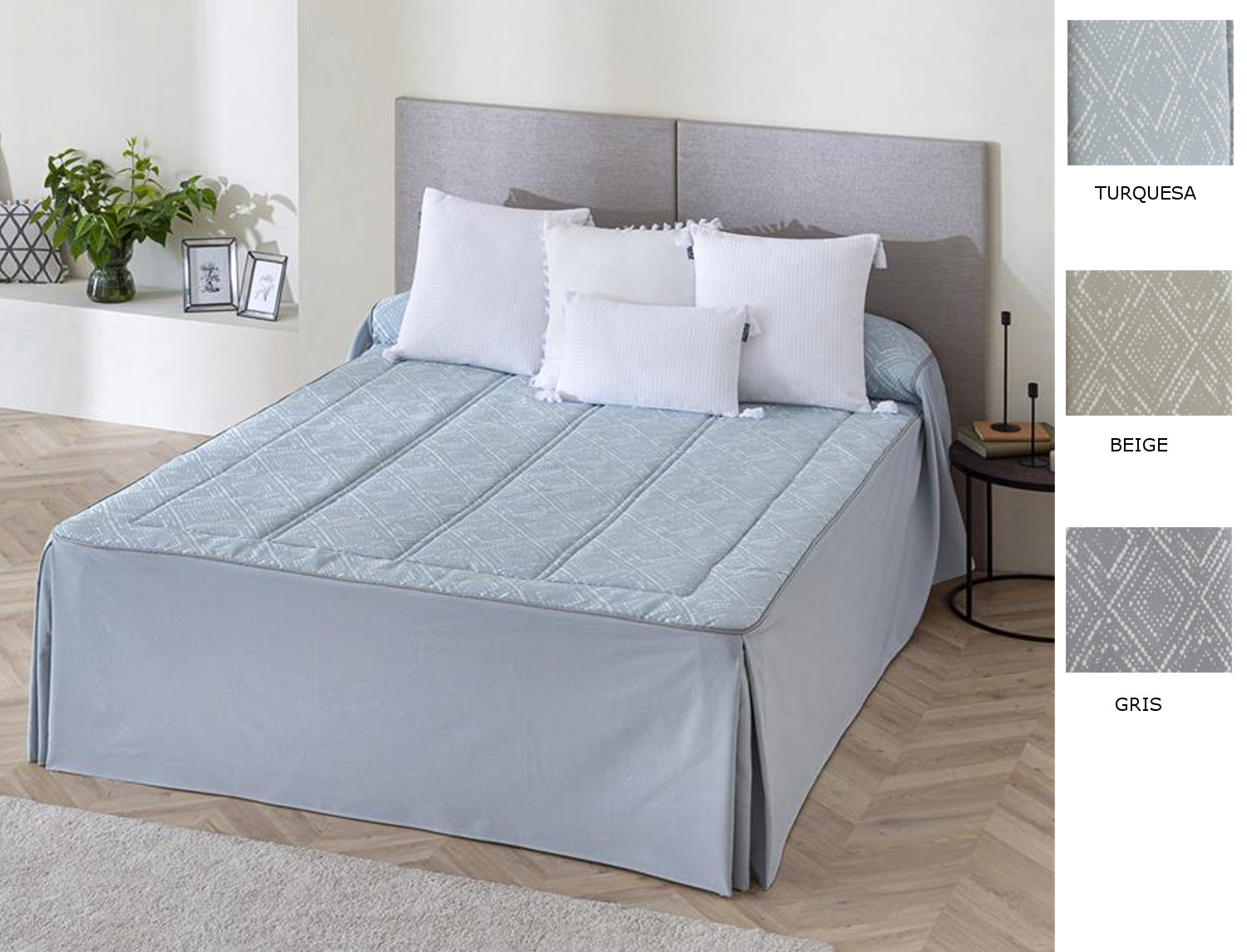 Confecciones Paula Colcha Edredón Jacquard Somo con cojín incluído color Beige, Gris o Turquesa