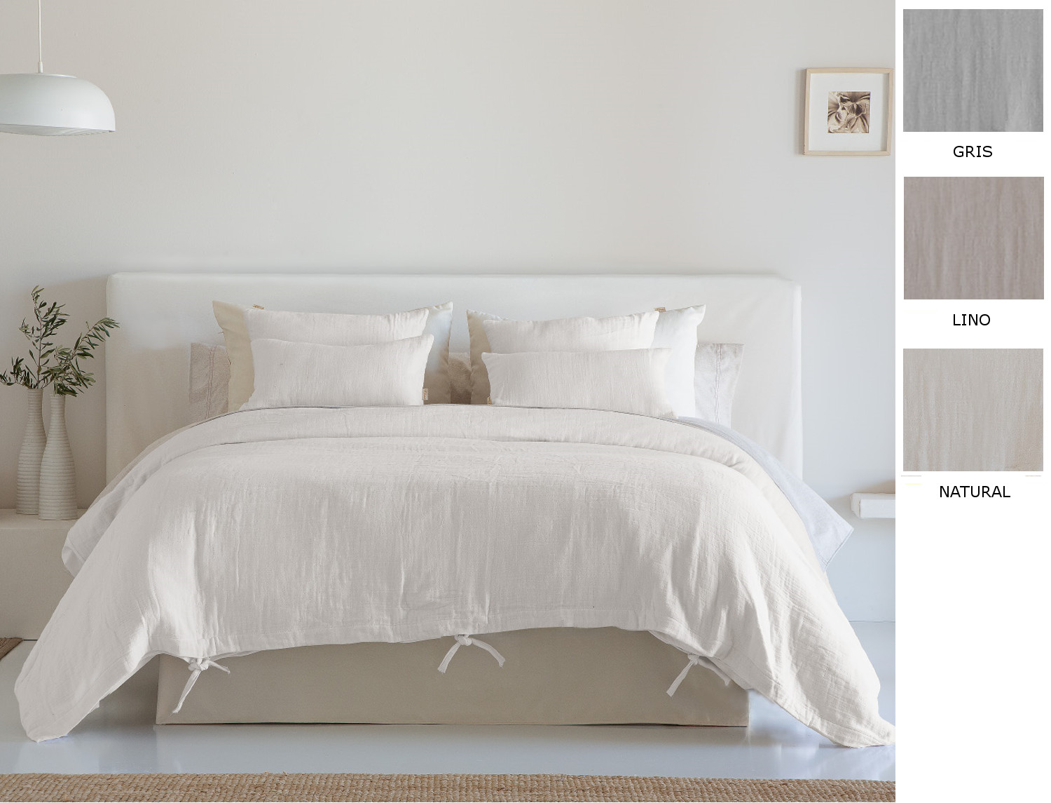 Cañete Funda nórdica 100% Algodón Plume Gasa cierre con lazos color Gris, Lino o Natural