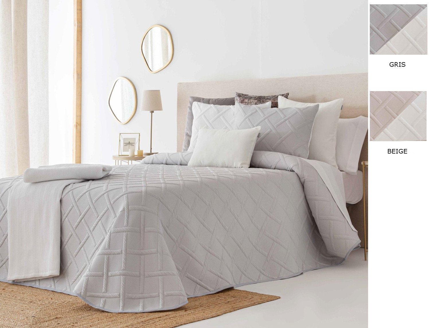 Sandeco Colcha Jacquard Reversible con fundas de cojín Zuera 01 Gris/Blanco ó 02 Beige/Blanco