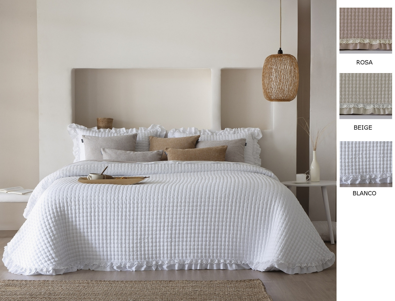 FunDeco Bouti 150gr Everly con puntillas y funda/s de cojín color Beige, Blanco o Rosa