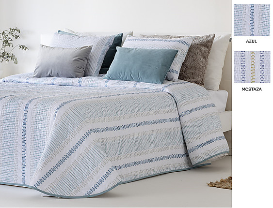 Sandeco - Colcha con relleno fino Loja con funda/s de cojín color 01 Azul o 02 Mostaza