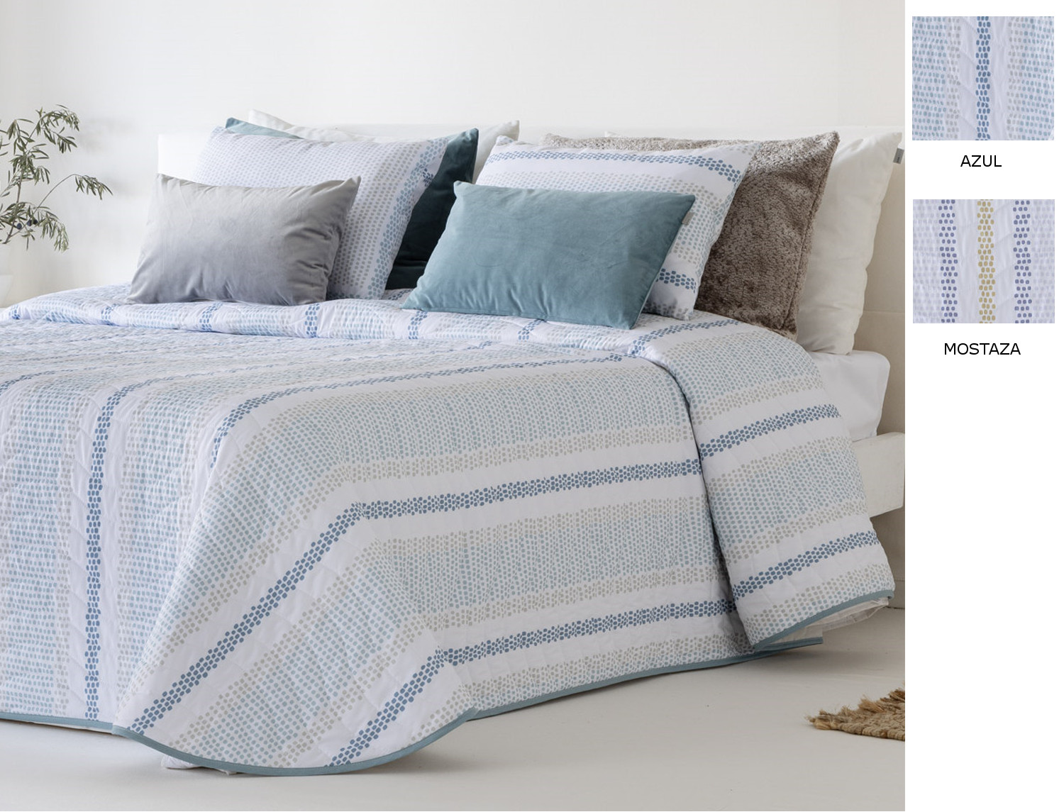 Sandeco Colcha con relleno fino Loja con funda/s de cojín color 01 Azul o 02 Mostaza