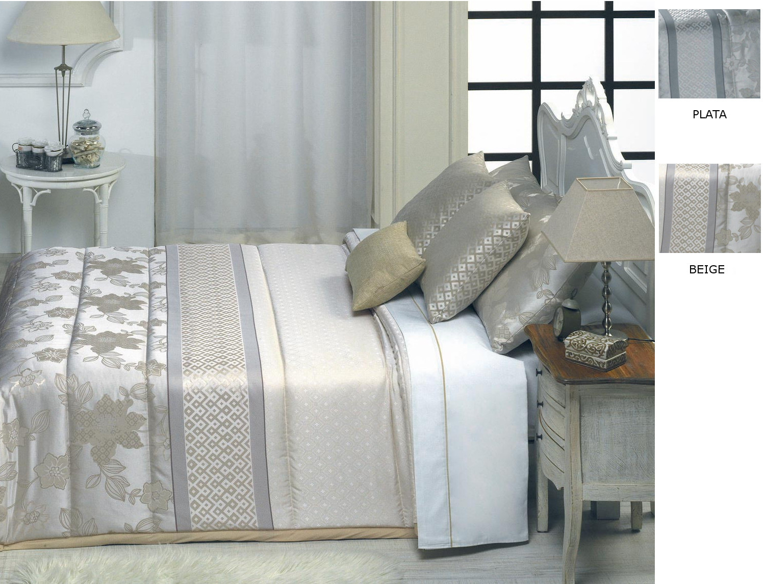 Cañete Edredón o Conforter Jacquard Valenza color Beige o Plata