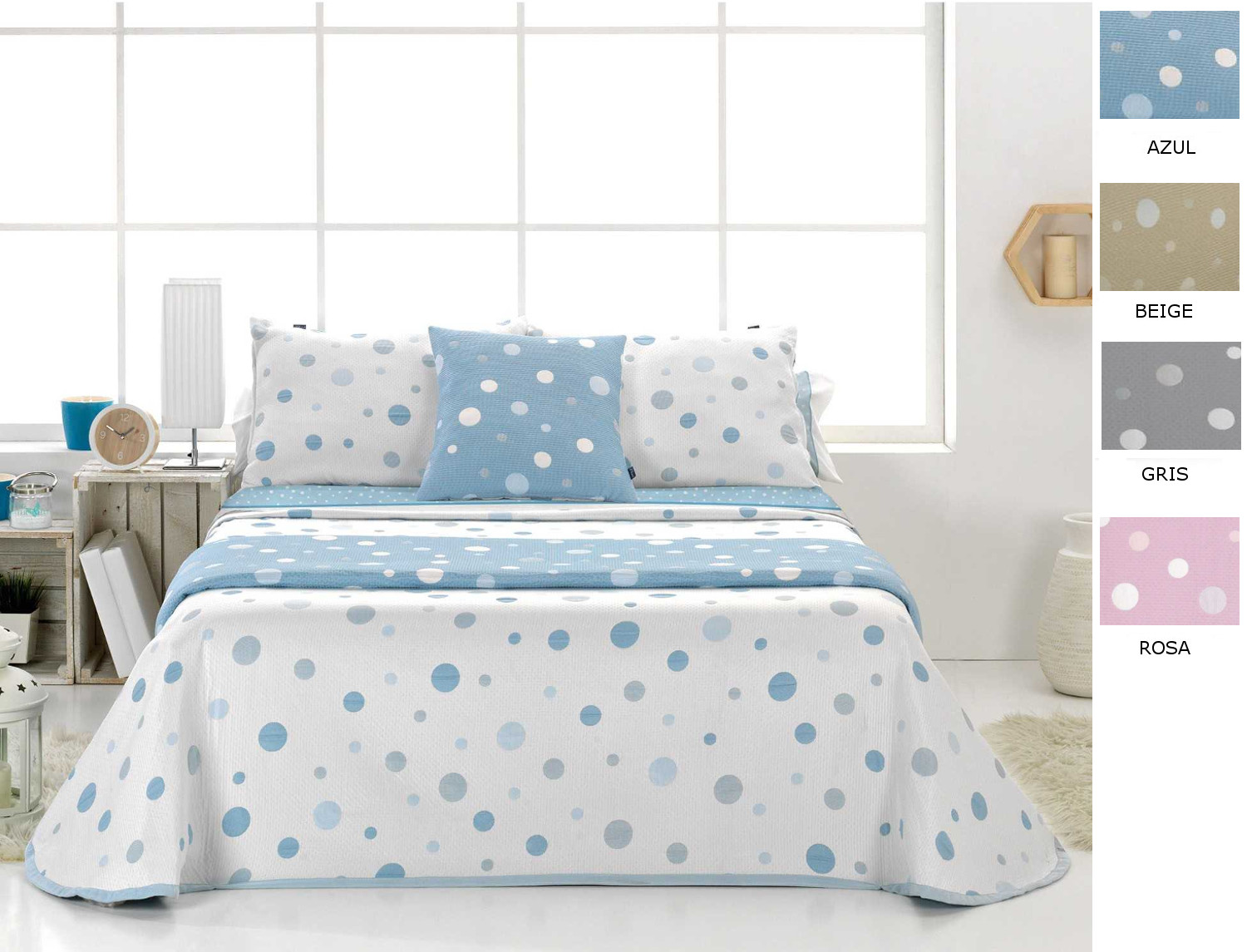 Cañete Colcha Reversible Mole Azul, Gris, Rosa o Beige