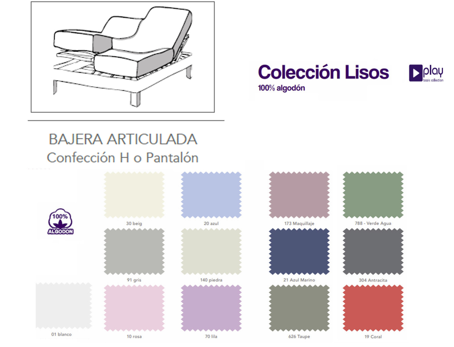 Cañete Bajera ajustable cama articulada Lisos Play Basic 100% Algodón