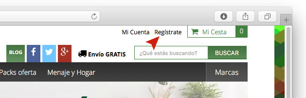 Registro desde la cabecera de la web